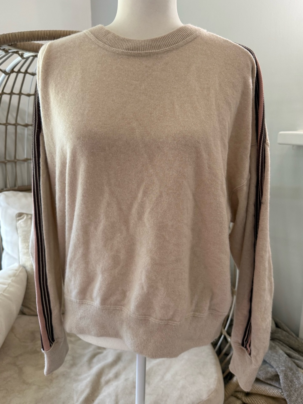 Reiss Wool Cashmere Side Stripe Crewneck Sweater Beige Pink Brown Large